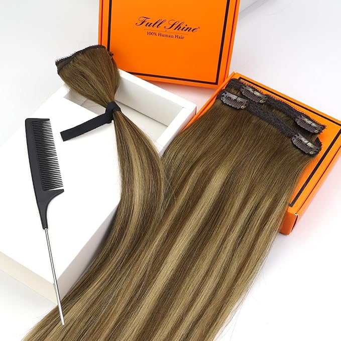 Full Shine Real Hair Extensions Clip in Human Hair Brown Clip in Hair Extensions Brown with Light Brown Balayage Hair Extensions Remy Hair for Women 14 Inch 3 Pcs 60 Grams
