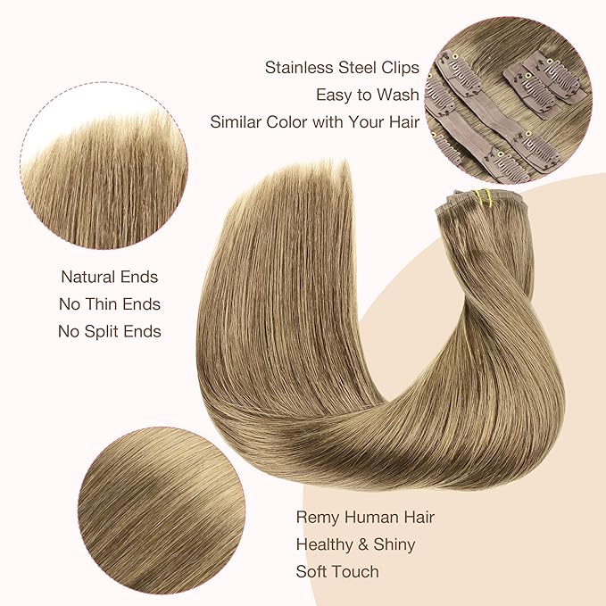 GOO GOO Clip in Hair Extensions Real Human Hair, Remy Human Hair Extensions Clip ins for Women, Natural Human Hair, 18inch 110g 7Pcs, 7 Bronde