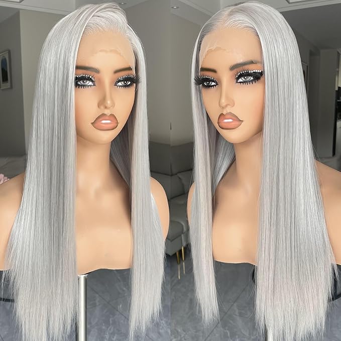 BLL Grey Lace Front Wig, 13x4 Silver Synthetic Wig Pre Plucked Small Knots Ready to Wear Long Straight Gray Glueless Wigs For Black Women Natural Density 26inch Suitable For Daily Party Wear
