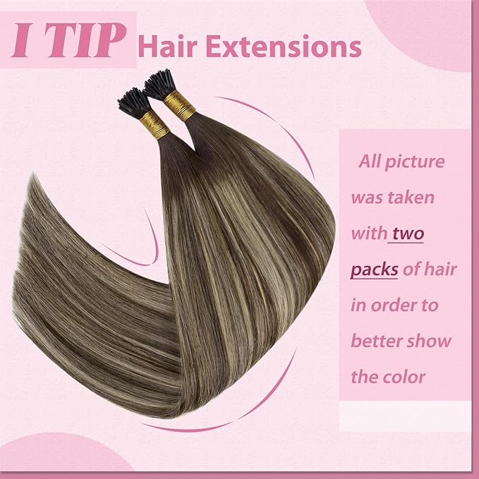 YoungSee I Tip Hair Extensions Human Hair Balayage I Tips Hair Extensions Real Human Hair Balayage I-Tip Hair Extension Ombre Dark Brown with Ash Blonde Itip Human Hair Extension 18 Inch 60s 50g