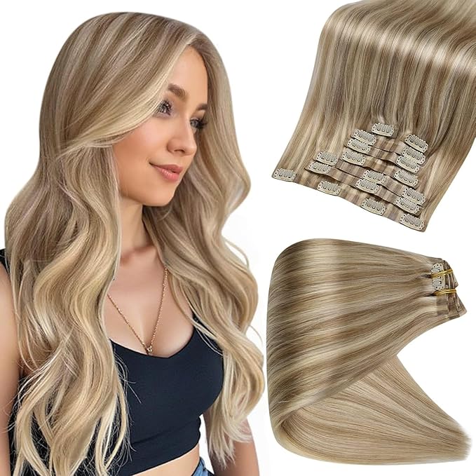 Full Shine 12 Inch Clip in Hair Extensions Real Human Hair Dark Ash Blonde Mix with Light Blonde Seamless Hair Extensions Clip in for Short Hair 8 PCS 95 G