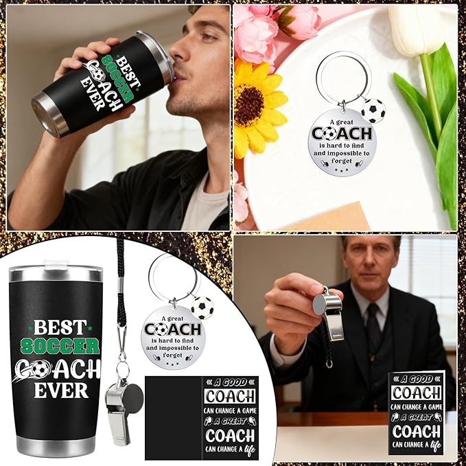 Keluna Soccer Coach Gifts for Men - Soccer Coach Appreciation Thank You Team Player Sports Lover Gift for Men Husband Brother Colleague Tumbler Cup Keychain Whistle Greeting Cards
