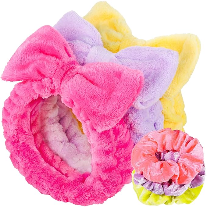 LEOBRO Spa Headband, Makeup and Skincare Headbands, Headband for Washing Face, with Bows for Hair Decorations, and Hair Scrunchies, Christmas Gifts for Teens, Girls, Women (Rose Red & Yellow & Purple)