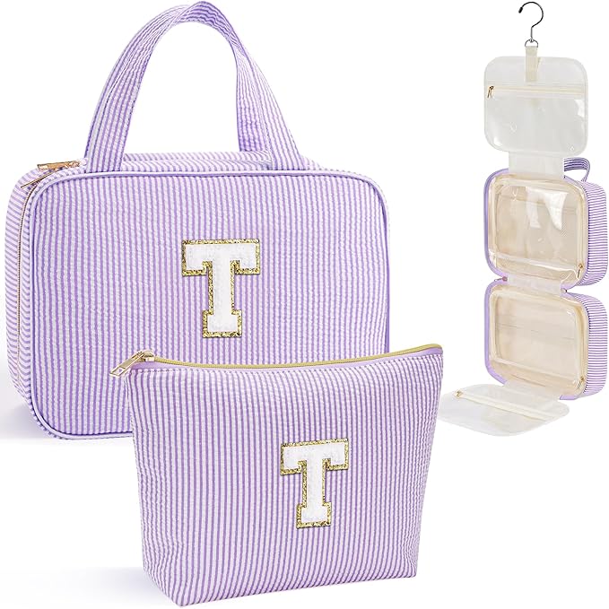 YOOLIFE Hanging Toiletry Bag for Women - Travel Toiletry Bag Makeup Bag, Portable Toiletries Cosmetic Bag, Airplane Travel Essentials - Letter T, Purple