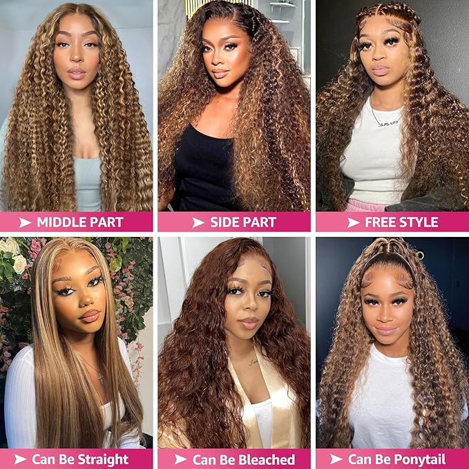 Honey Blonde Deep Wave Lace Front Wigs Human Hair 200 Density 13x6 HD Lace Front Wigs Ombre Human Hair Wig Glueless P4/27 Highlight Wig for Women Pre Plucked with Natural Hairline (24 Inch)