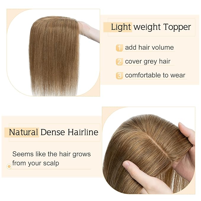 SEGO Human Hair Toppers for Women With Thinning-Hair, 7 * 13CM Silk Base 100% Real Human-Hair Clip in Top Wiglet Hairpieces -14 Inch No Bangs Light Brown