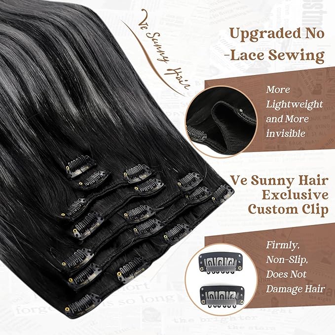 Ve Sunny Clip in Human Hair Extensions Black Ombre Clip in Hair Extensions Real Human Hair Silver Hair Clip in Extensions Balayage Hair Extensions Ease of Installation 7pcs 120g 16inch