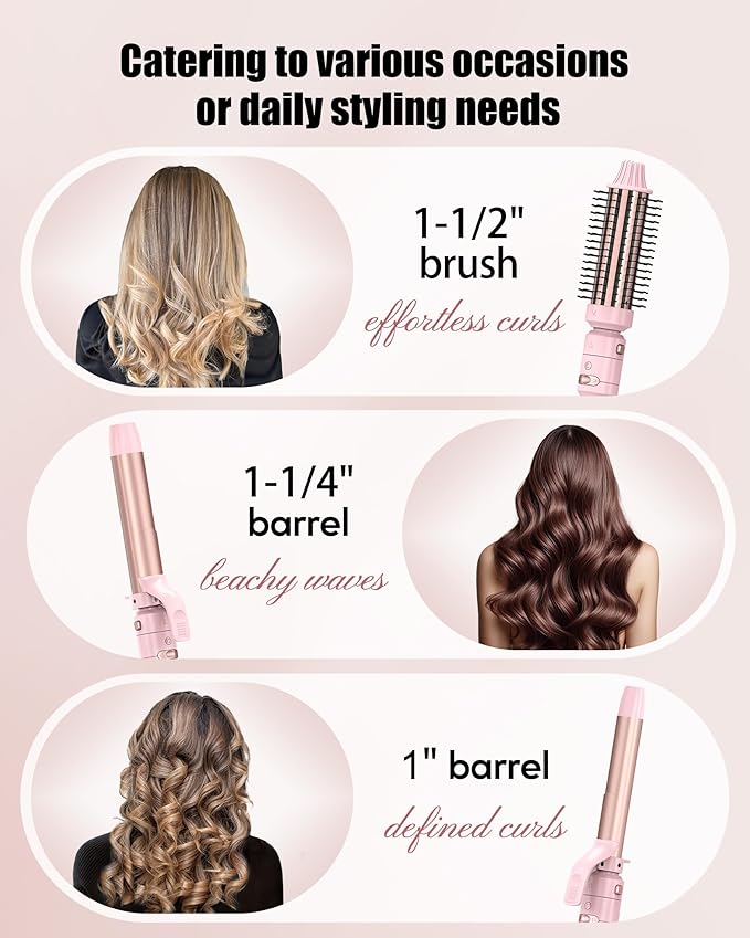 Farery 3-in-1 Interchangeable Automatic Rotating Curling Iron & Thermal Brush Set, 1'' /1.25'' Curling Iron, Automatic Hair Curler with 1.5'' Heating Round Curling Brush, 3 Temps Adjustable 300-410°F