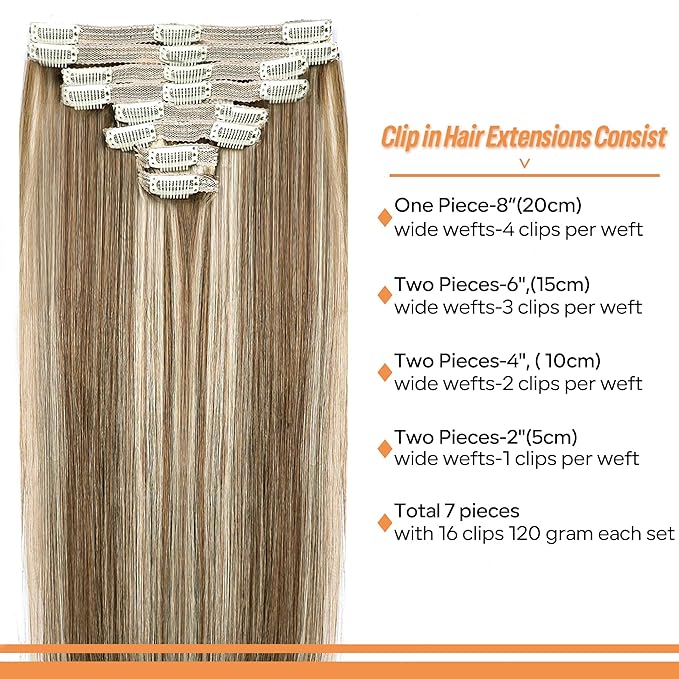 Straight Clip In Hair Extensions Real Human Hair 8Pcs Clip In Balayage Chestnut Brown Highlight Blonde Human Hair Extensions with 18Clips Lace Weft 120g 20inch