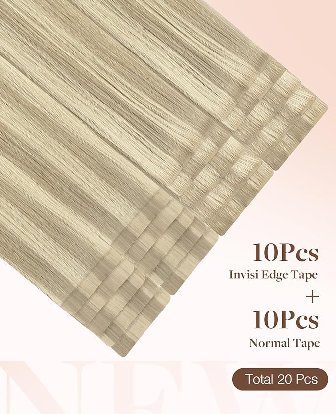 GOO GOO Invisi Edge Tape in Hair Extensions Human Hair, 17A/60A Ash Blonde Highlighted Platinum Blonde 10pcs injected with 10pcs classical tape ins, 18inch 50g, Virgin Remy Hair, Natural Look