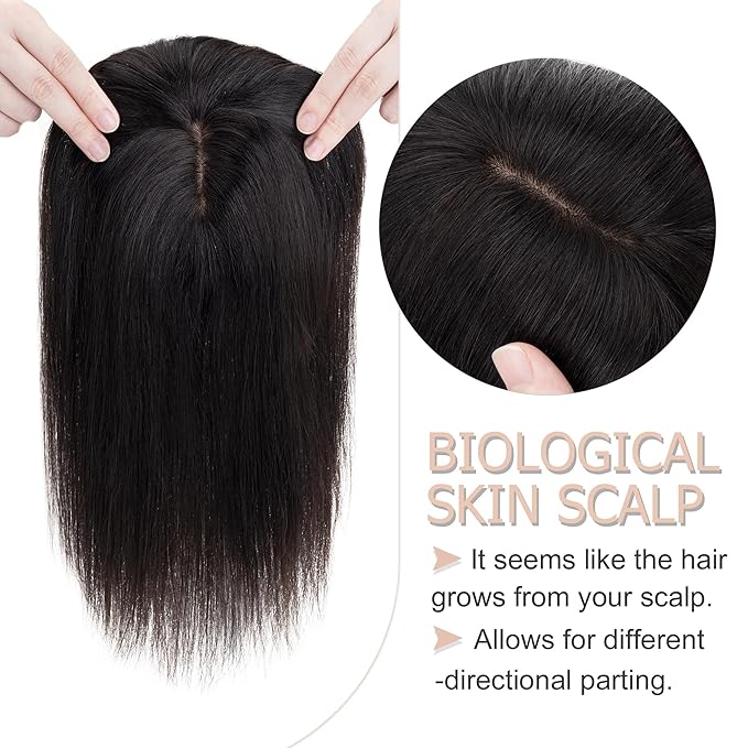 Hair Toppers for Women Real Human Hair With Bangs, 13 * 15 cm Larger Silk Base 150% Density Clip In Topper Hairpieces, Wiglet Top Pieces Add Volume -10 Inch 01B Natural Black