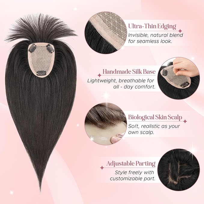 Real Human Hair Toppers for Women 3.54"*4.72" Silky Base 150% Density With Bangs Adjustable Parting Clip-In Topper Hairpieces for Women with Thinning Hair 14 Inches Natural Black
