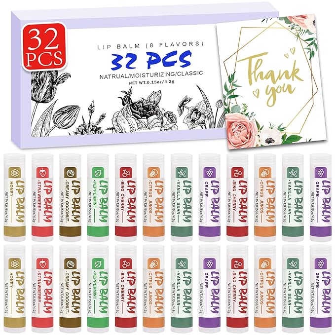 32 Pack Lip Balm, Natural Lip Balm Bulk with Vitamin E and Coconut Oil, Moisturizing Lip Balm for Stocking Stuffers - 8 Flavors