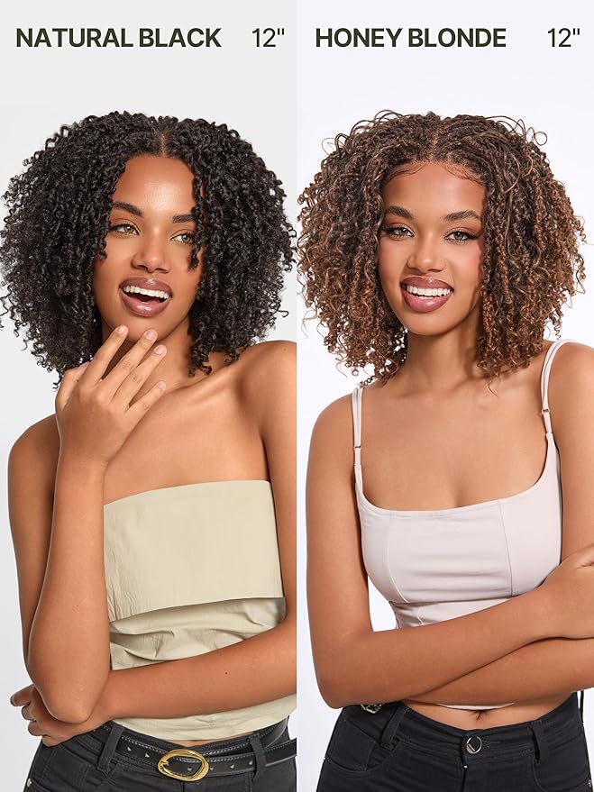 Frodio Veralux Fiber 12'' Synthetic 11X4 Lace Frontal Wig 200% Density Micro Twist Curly Wigs 11X4 Closure HD Lace Dreadlock Wig Glueless Wigs Natural Black Ready to Go Wig for Women