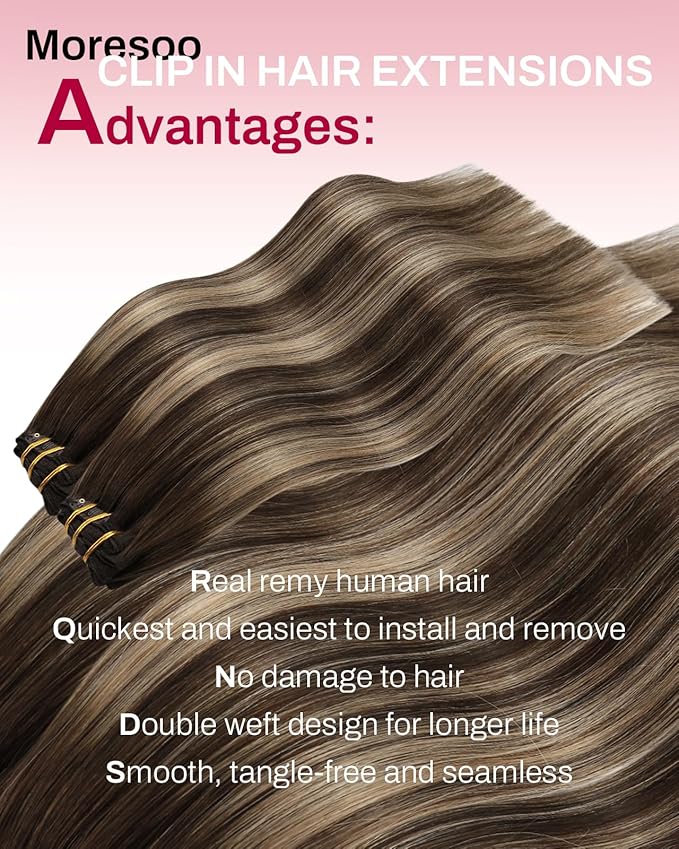 Moresoo Seamless Hair Extensions Clip in Dark Brown with Caramel Blonde Balayage Hair Extensions Clip in Human Hair Short Pu Skin Weft for Women 14inch 7pcs 120g