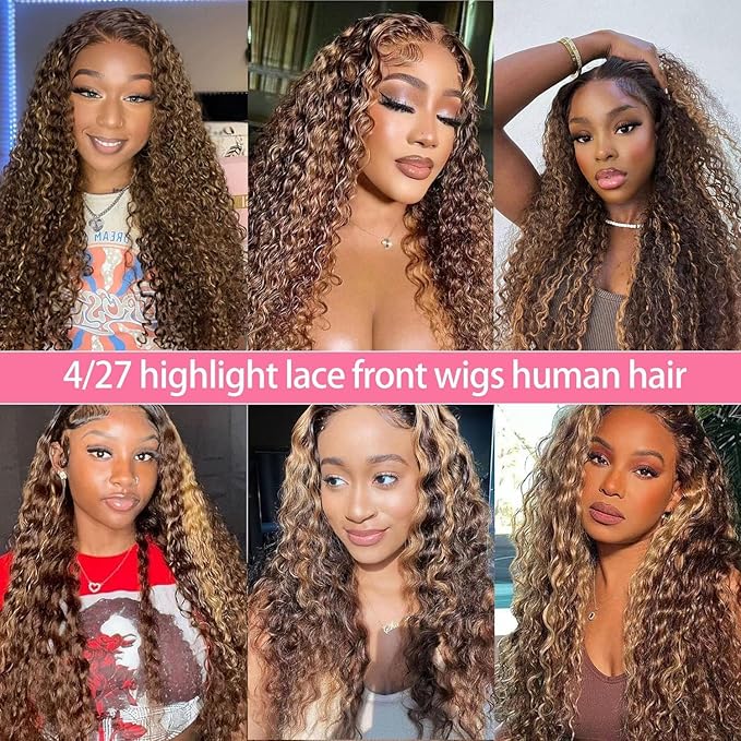210% Density 13x6 Highlight Ombre Full Lace Frontal Wigs Human Hair 12A Deep Wave Brazilian Human Hair Pre Plucked 4/27 Honey Blonde HD Glueless Transparent Lace 28 Inch