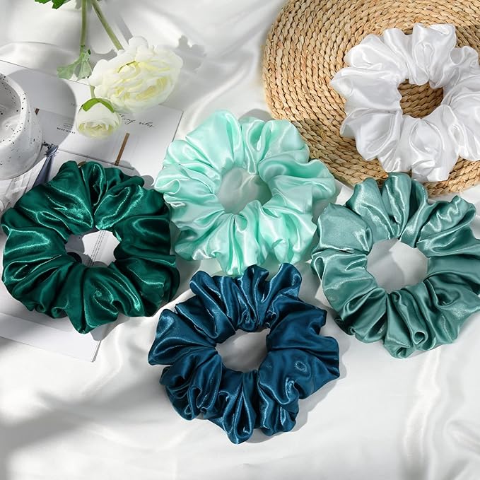 CEELGON Large Silk Satin Scrunchies - Jumbo Hair Ties for Thick Curly Hair - Pack of 6 (Green)
