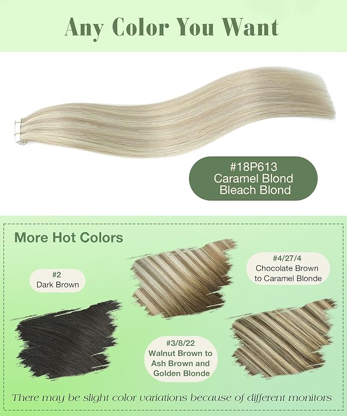 SURNEL Tape in Hair Extensions Ash Blonde Highlight Bleach Blonde Human Hair Tape in Extensions 14inch 20pcs 50g(#18P613-14)