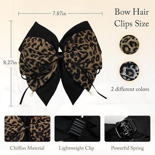 2PCS Leopard Pearl Print Bow Hair Ponytail Claw clip, Non-Slip Hair Grips for Women, Ribbon Bowknot Hair Clips French Style with Long Tail for Women Girls Ponytail Hair Decorations Accessories
