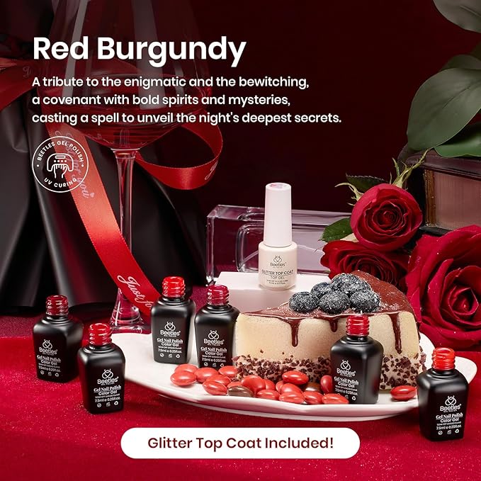 Beetles Red Gel Nail Polish Set with Top Coat, 6 Colors Popular Shimmer Red Burgundy Gel Polish Kit Nail Art Design Soak Off Uv LED Minicure DIY Home Gifts for Women