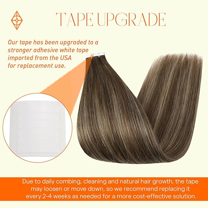 Full Shine Tape in Hair Extensions Human Hair 14Inch Tape in Extensions Invisible Skin Weft Human Hair Color Medium Brown to Blonde and Brown 50G 20Pcs Remy Straight Human Hair Extensions for Wedding