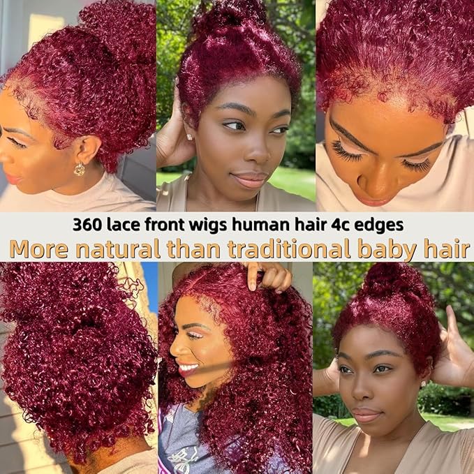 250 Density Burgundy Wig Human Hair Hidden Strap 360 Lace Front Wigs Human Hair Deep Wave Invisible Strap Pre Plucked Bleached Knots Glueless Drawstring Curly Human Hair Wig for Women (26inch)