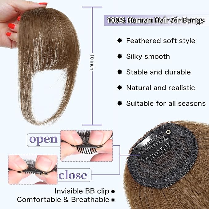 Wispy Bangs Hair Clip, 100% Human Hair Clip In Moca Brown Bangs for Women, Soft Layered Fake Bangs with Feathered Fringe, Easy Clip-On Design for Daily Wear & Halloween