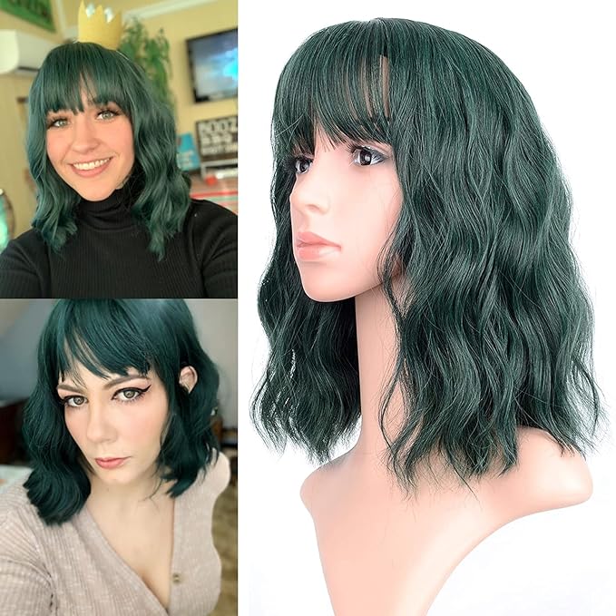 FAELBATY Short Green Wigs With Air Bangs Shoulder Length Bob Wig For Women Curly Wavy Synthetic Cosplay Wig for Girl (12" Dark Green)