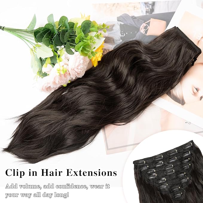 Hair Extensions Clip Ins, 8PCS 20 Inch Natural Black Clip in Hair Extensions, Synthetic Long Wavy Curly Hair Extension, Full Head Thick Hairpieces for Women