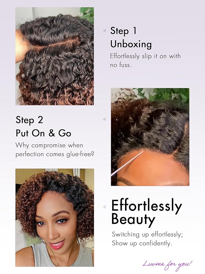 LUVME HAIR 8 Inch Kinky Curly Ombre Brown Bob Wig Human Hair Pre Cut Glueless HD Lace Closure Wig, Natural Black with Brown Side Parted Short Curly Wigs For Women