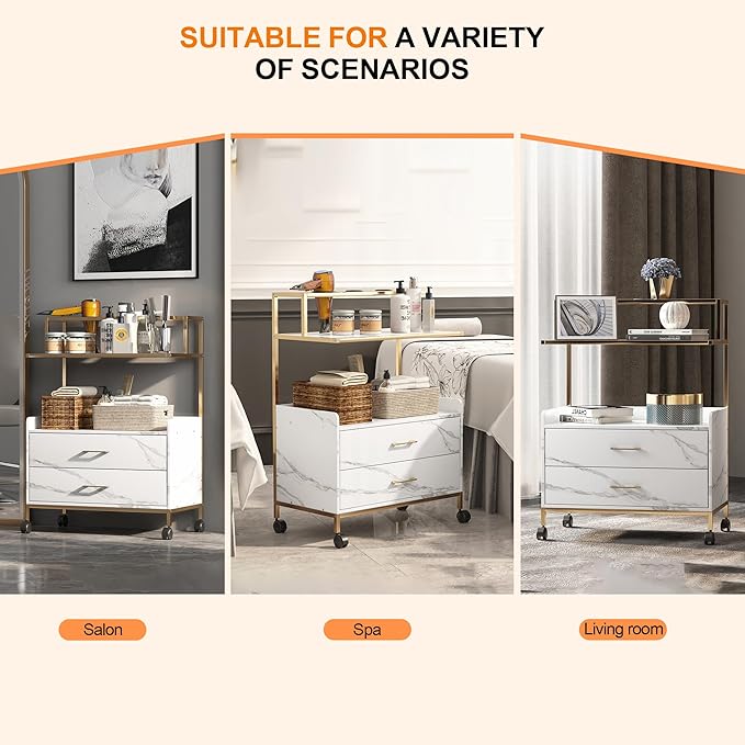 Salon Rolling Trolley with Lockable Wheels Barber Cart with Storage Drawer Mobile Hair Station Cabinet for Beauty Makeup Esthetician Spa Massage (White Marble-one Shelf-Two-Drawers)