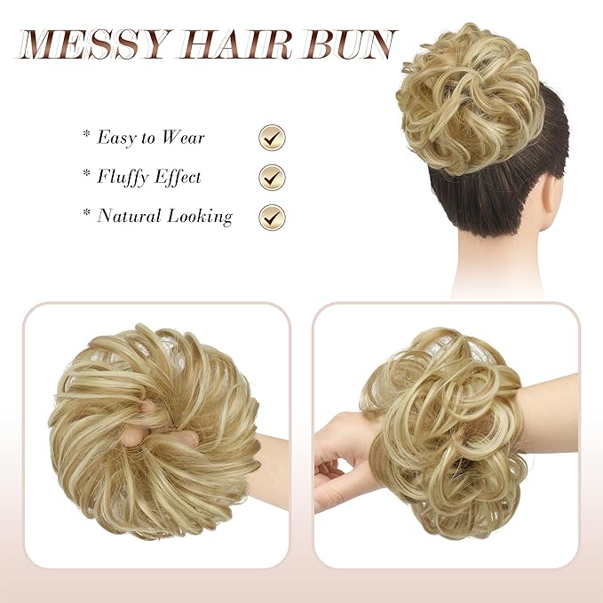FESHFEN Messy Bun Hair Piece - Elastic Wavy Curly Hair Bun Scrunchies Extensions Synthetic Chignon Hairpieces for Women Girls, Light Ash Brown & Bleach Blonde 1.5 oz