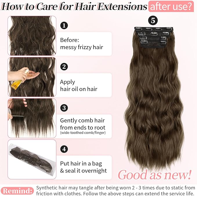 KooKaStyle Clip in Synthetic Hair Extensions Long Wavy 4PCS Thick Hairpieces Chestnut Brown Fiber Double Weft Natural Hair Extensions 24 Inch for Women
