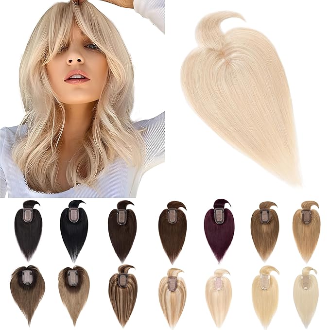 SEGO Hair Toppers for Women Real Human Hair With Bangs, 7 * 13CM Silk Base 100% Remy Human Hair Clip in Top Wiglet Hairpieces Add Volume 10 Inch Ash Blonde&Bleach Blonde