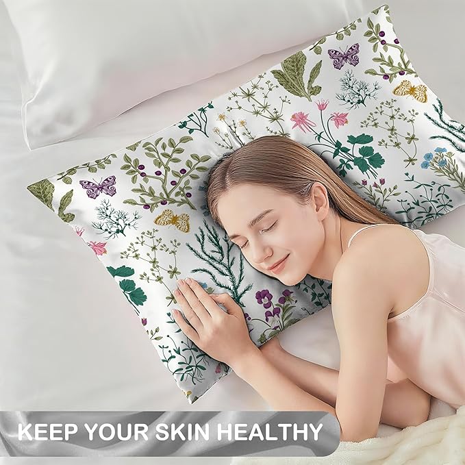 Satin Pillowcase 1 Pack-Leaves Herbs and Wildflowers Silky Pillow Cover for Hair and Skin,Standard Size 20x26 Inch Soft Cooling Printed Pillow Cases with Hidden Zipper,Gifts for Women Men
