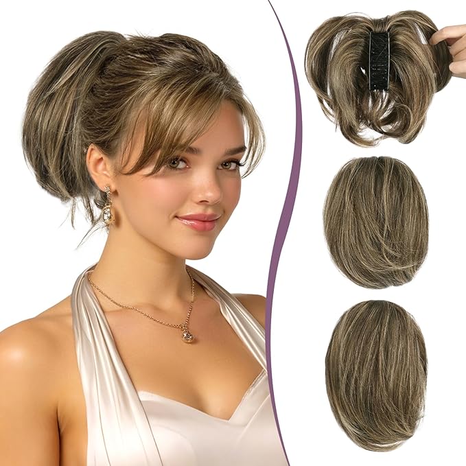 RUWISS Claw Clip Short Human Hair Ponytail Extension with Bendable Metals for DIY Styles Straight Messy Bun Hair Piece for Women Hairpieces for Daily Wear, 9 Inch Dark Brown with Blonde Highlight