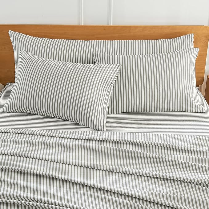 JELLYMONI 100% Natural Cotton Striped Body Pillowcase, 1 Pack White and Grey Vertical Stripes Pattern Printed Pillow Covers with Envelope Closure(Pillows are not Included)
