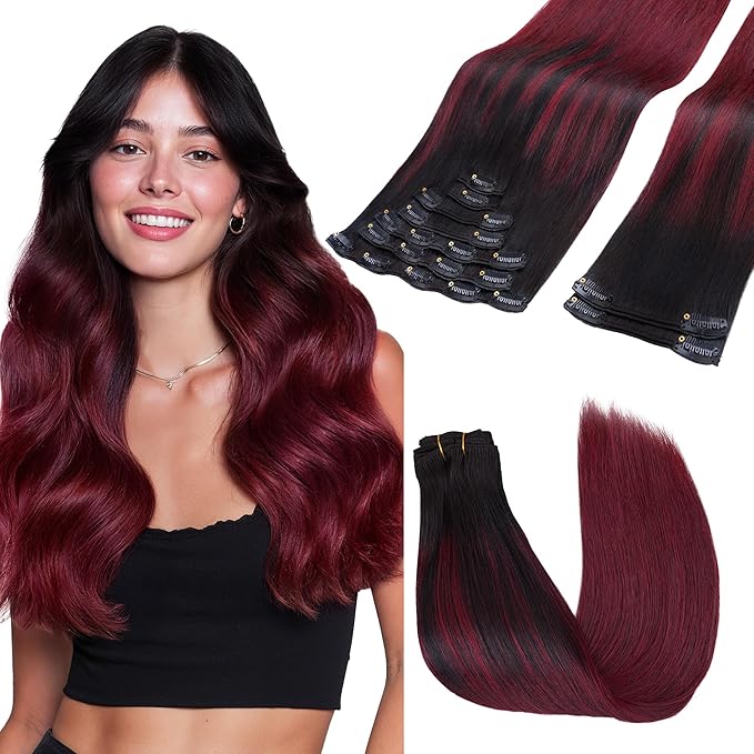 GOO GOO Clip in Hair Extensions Real Human Hair, Remy Human Hair Extensions Clip ins for Women, Natural Human Hair, 16inch 150g 9 Pcs, #1/99j Balayage Jet Black to Red