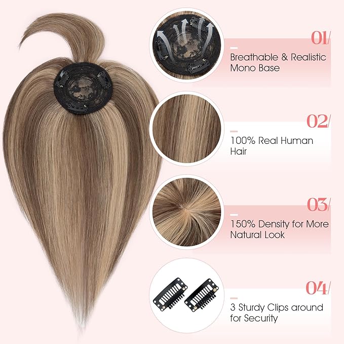 Hairro Mono Hair Toppers with Bangs, 3.4" x 3.4" Mono Base 100% Real Human Hairpieces for Women, 150% Density Clips In Topper for Greyish Thinning Hair, 18 Inch Medium Brown Mix Dark Blonde