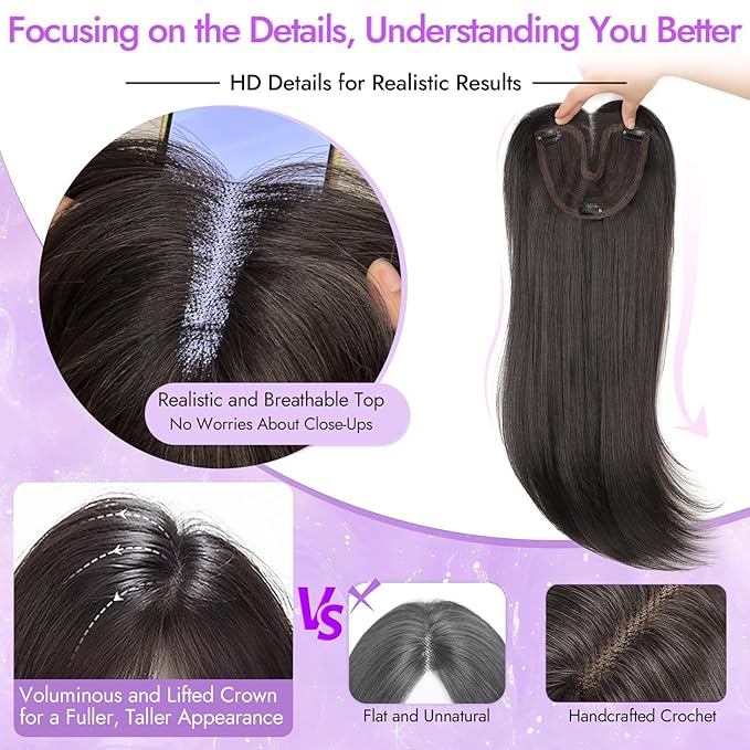 Brown Highlight Hair Toppers for Women with Thinning 3D 360° Cover Clip in Wispy Bangs Upgraded Adjustable Bandage 24 Inch Long Layered