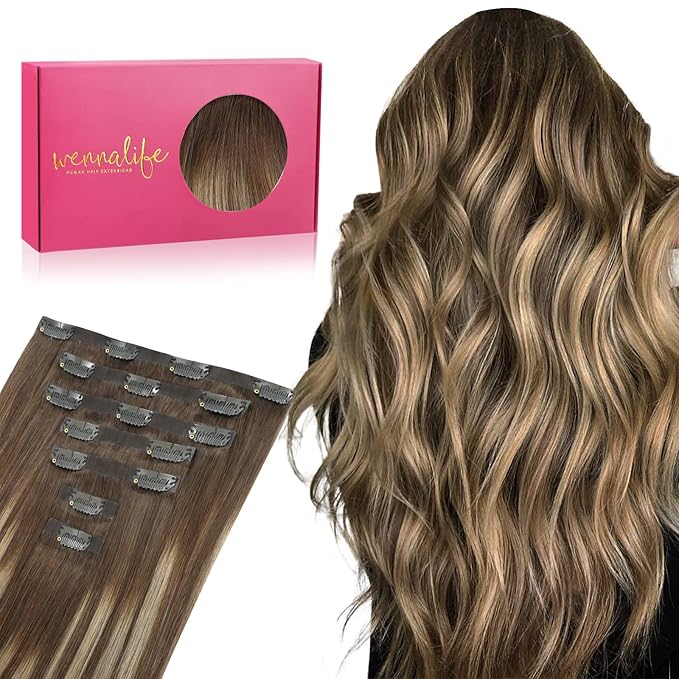 WENNALIFE Seamless Clip In Hair Extensions, 20 Inch 7pcs 150g Balayage Chocolate Brown to Honey Blonde Hair Extensions Clip In Invisible PU Skin Weft Real Human Hair Extensions Clip In
