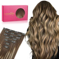 WENNALIFE Seamless Clip In Hair Extensions, 18 Inch 7pcs 130g Balayage Chocolate Brown to Honey Blonde, PU Skin Weft Real Human Hair Extensions