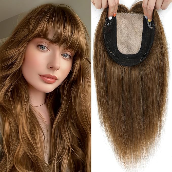 Hair Toppers for Women Real Human Hair, 360°3D Bangs Clip Human Toppers for Women with Thinning hair Realistic Scalp Line (Black, 3D French Bangs(11 * 7)) (Light Brown, 14 Inch Wispy Bangs)