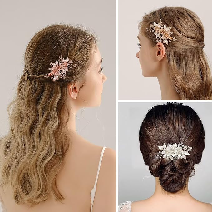 Floral Crystal Pearl Alligator Hair Clip and Rhinestone Bobby Pins, Elegant Hair Accessories for Bridal Women in Wedding or Prom, Set of 3 (Rose Gold)