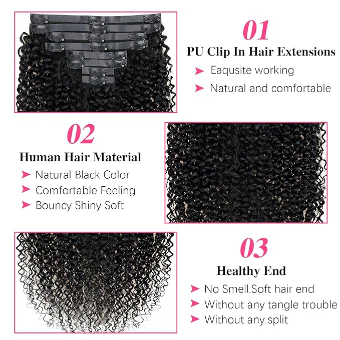 24 Inch Seamless Kinky Curly Clip Ins for Women Kinky Curly Clip on Extension Human Hair Brazilian Remy Human Hair Extensions Natural Black Clip ins 8 Pcs with 18 Clips 120g/Set