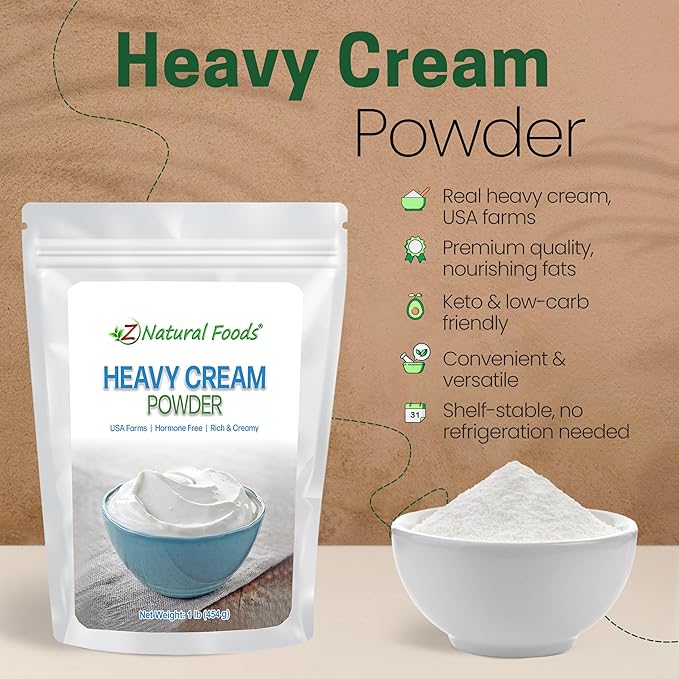 Z Natural Foods Heavy Cream Powder - Nutrient-Dense, Delicious Powdered Cream with 1-Year Shelf Life - Easy to Use & Perfect for Coffee, Baking & Recipes, Keto-Friendly, Gluten-Free, 1 lb