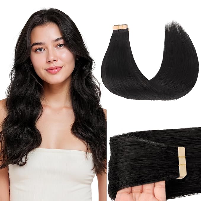 GOO GOO Tape in Hair Extensions Human Hair, 1B Natural black, 24inch 50g 20pcs, Skin Weft Seamless Invisible, Silky Straight with Thick Ends, Remy Human Hair