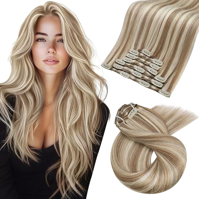 Moresoo Clip in Hair Extensions Real Human Hair Blonde Highlights Brown Clip in Extensions Remy Human Hair Platinum Blonde with Medium Golden Brown Double Weft for Women 120g/7pcs 16 inch
