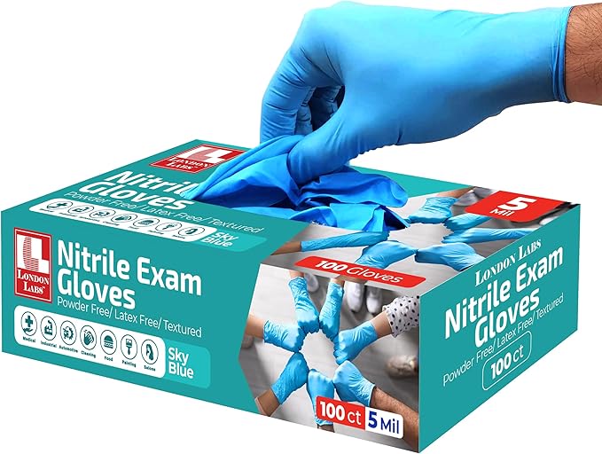 Sky Blue 5 Mil Nitrile Exam Gloves Disposable Latex Free | Medical Rubber Gloves for Doctors, EMT, First Aid Kit, Food Service & Cleaning | Bulk Nitrile for Mechanics (100 CT) - Large