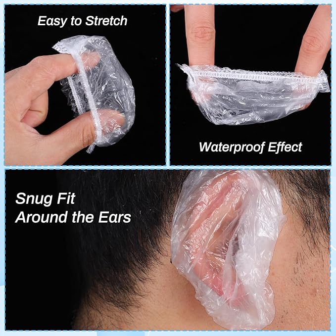100 Pcs Disposable Clear Ear Covers, Ear Covers for Hair Dye, Waterproof Plastic Ear Protectors, Flexible Universal Earmuffs for Shower, Hair Dye, Bathing, Spa and Beauty Treatments Accessories